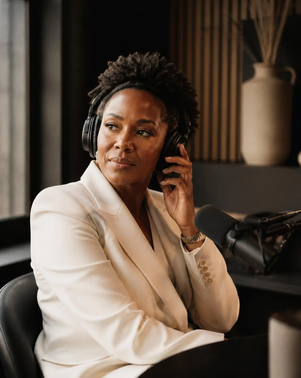 Kesi Case in the Entrepreneurial Truth studio adjusting her headphones