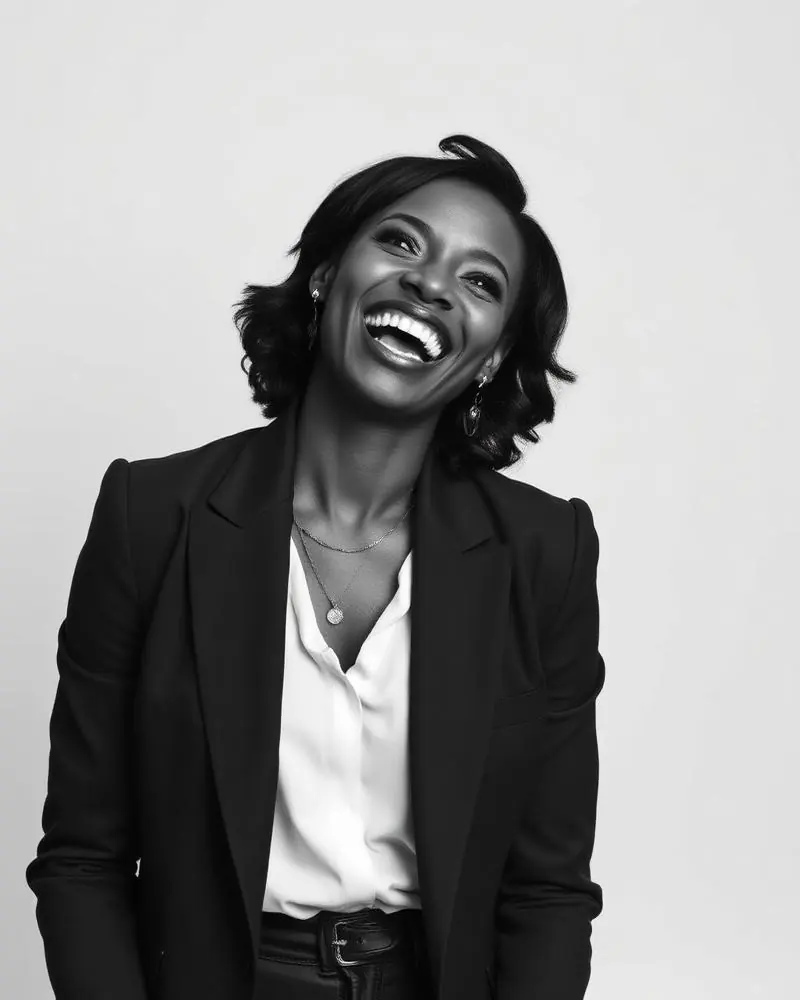 Portrait of a founder laughing during a recording session